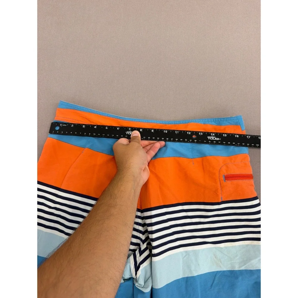 Patagonia Mens 32 Board Shorts Orange Blue Striped Swim Trunks 9 Inseam Nylon